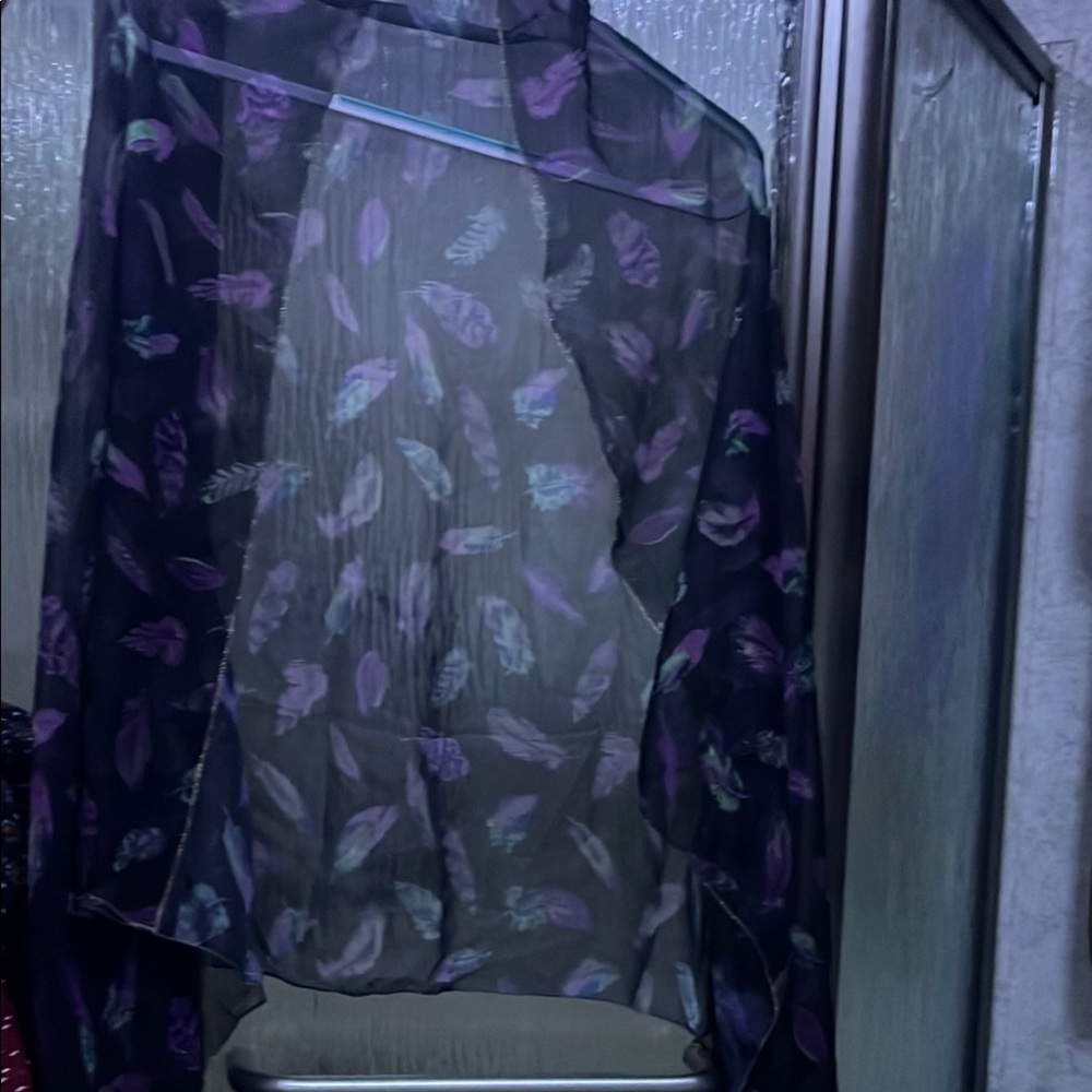 Sheer Black scarf with Purple and Blue Feather Print